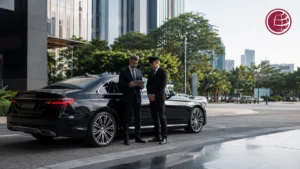 Logística do serviço de transfer executivo com sedan, motorista profissional e coordenador analisando a operação