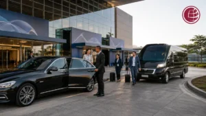 Transporte executivo para conferências em São Paulo com sedan, van, motorista profissional e participantes em centro de eventos