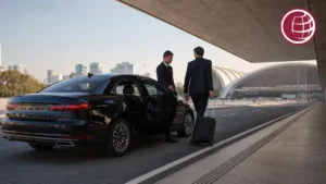 Passageiro com bagagem embarcando pela porta traseira de sedan executivo em serviço de receptivo aeroportuário