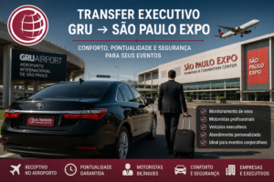 Transfer executivo entre GRU e São Paulo Expo para empresas, executivos e visitantes internacionais.
